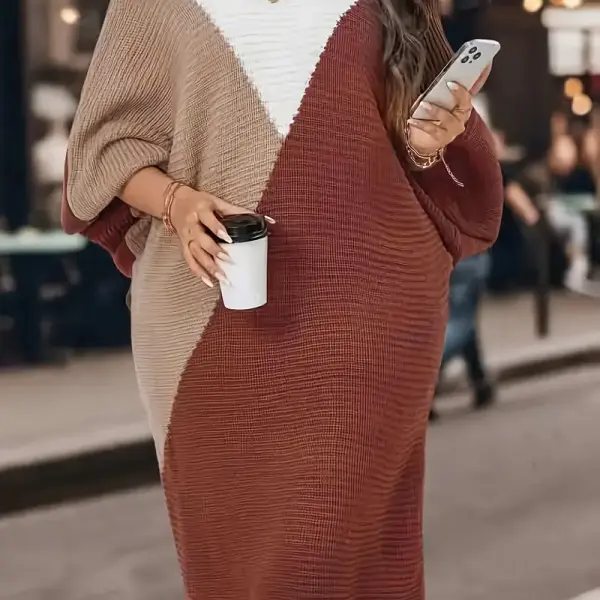 Color Block Sweater Dress, Casual Long Sleeve Crew Neck
