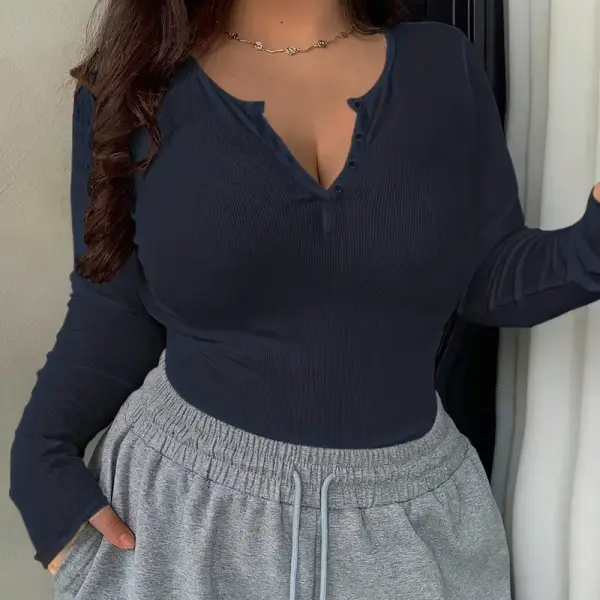 Elegant Long Sleeve V-Neck Blouse with Button Detail