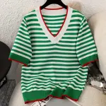 Elegant V-Neck Striped Top - Soft Stretch Casual