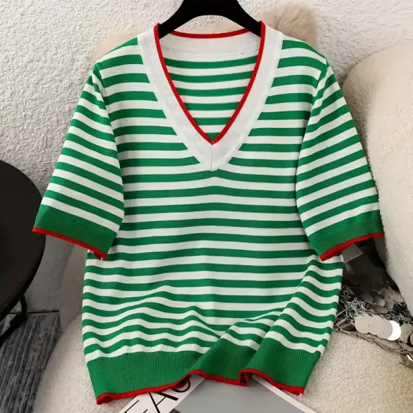 Elegant V-Neck Striped Top - Soft Stretch Casual