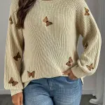 Casual Crew Neck Sweater Top with Butterfly Embroidery
