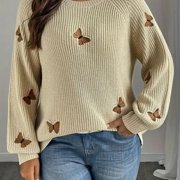 Casual Crew Neck Sweater Top with Butterfly Embroidery