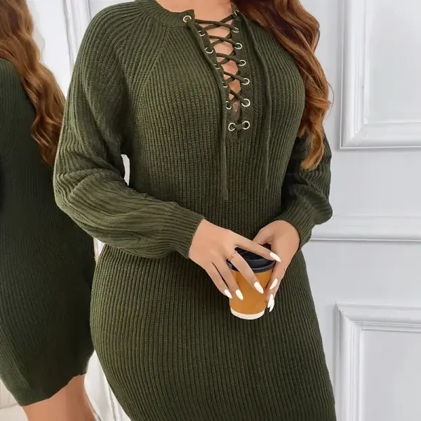 Women's Casual V-Neck Long Sleeve Sweater Dress with Front Button Detail & Tie Waist