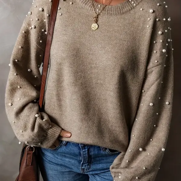 Women'S Round Neck Knitted Pullover with Pearl Decoration
