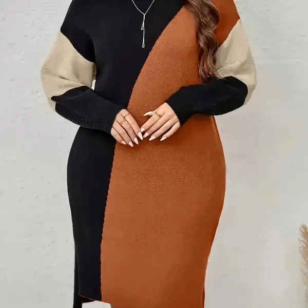 1pc Elegant Color Block Midi Turtleneck Sweater Dress