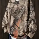 Women'S Elegant Floral and Moon Pattern Knit Sweater