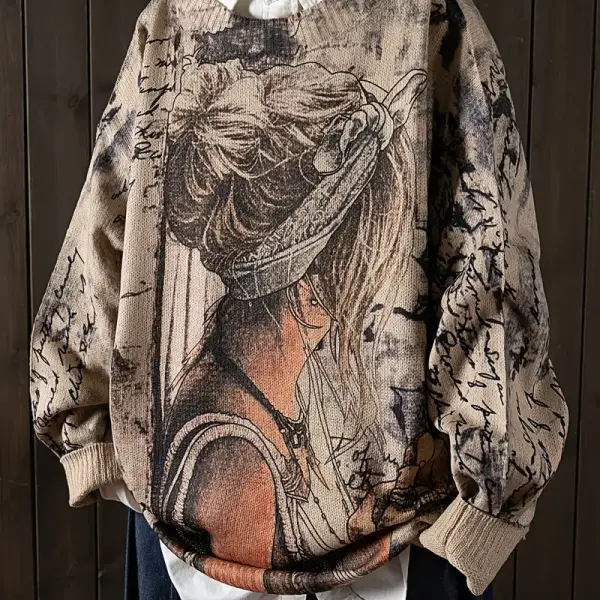 Women'S Elegant Floral and Moon Pattern Knit Sweater