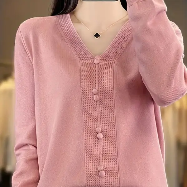 Women's Elegant V-Neck Sweater with Faux Buttons