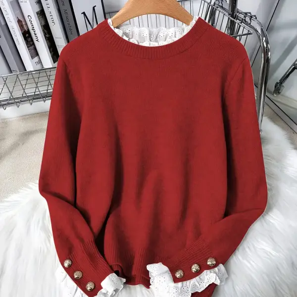 Elegant Women's Lace-Trimmed Knit Sweater