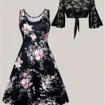 Women's Lace Jacket and Fashion Print Vest Dress Two-Piece Set
