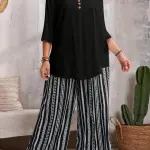 Solid Color V-Neck Top and Full Print Pants 2pcs Set