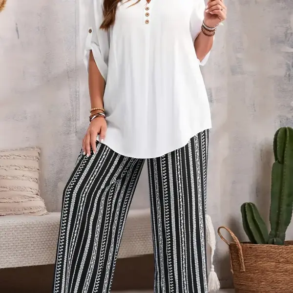 Solid Color V-Neck Top and Full Print Pants 2pcs Set