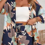 Women's 2pcs Set with Printed Front Opening Half-Sleeve Kimono Shirt and Shorts