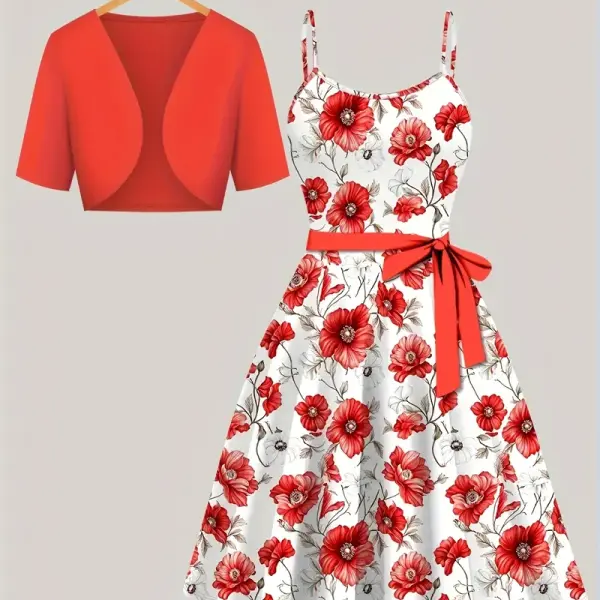Women'S Elegant Casual Two-Piece Set - Red Cardigan Jacket & Floral Print Suspender Dress with Belt