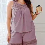 Casual Two-piece Set, Embroidered Eyelet Crew Neck Tank Top & Shorts Outfits