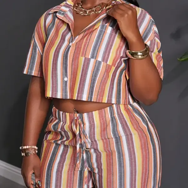 Casual Short Sleeve Pocket Shirt and Striped Shorts