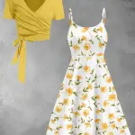 Stylish Women's solid color top with floral print dress Elegant 2pcs