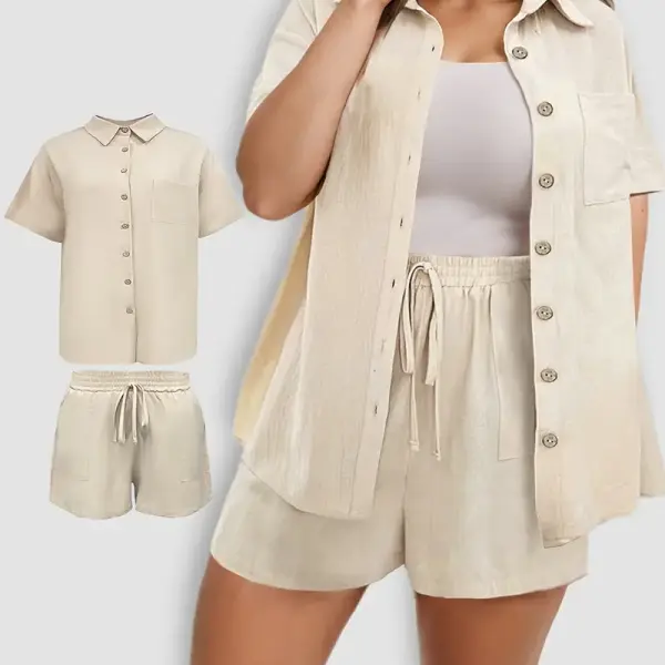 Size Casual Shorts Set - Short Sleeve Button-Up Shirt with Elastic Waistband