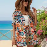 2pcs Women's Vacation Print Loose Shirt and High-Waist