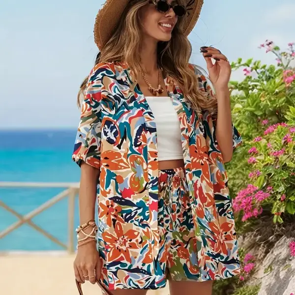 2pcs Women's Vacation Print Loose Shirt and High-Waist