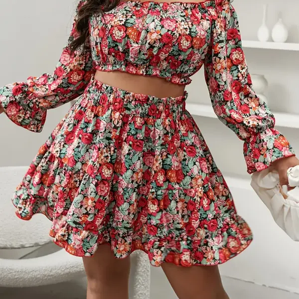 Women'S Off-Shoulder Floral Print Crop Top & Ruffled Hem Skirt Set
