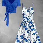 Stylish Women's solid color top with floral print dress Elegant 2pcs