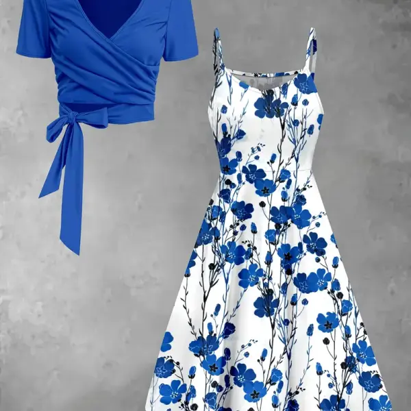 Stylish Women's solid color top with floral print dress Elegant 2pcs