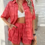 Random Printed Vintage Style Women Short Sleeve And Shorts Two-Piece Set