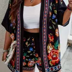 Bohemian Floral Print Kimono Cardigan and Shorts Set