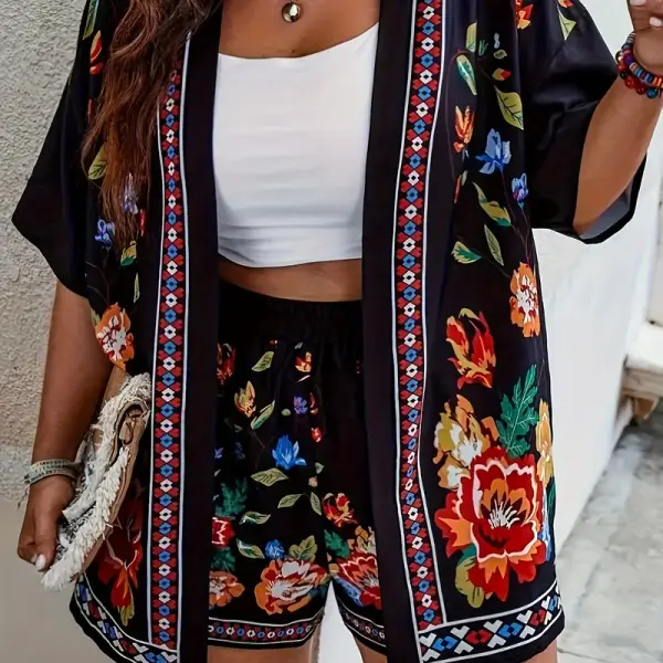 Bohemian Floral Print Kimono Cardigan and Shorts Set