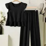 Women's Holiday Casual Solid Color Ruffle Hem Top And Wide-Leg Pants Two-Piece Set
