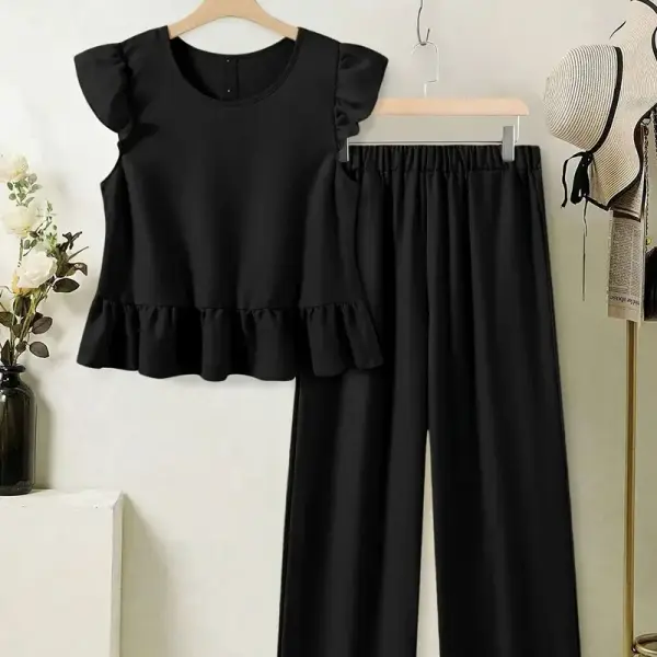Women's Holiday Casual Solid Color Ruffle Hem Top And Wide-Leg Pants Two-Piece Set
