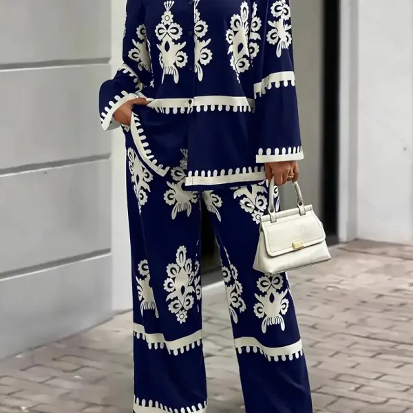 Casual Country Print Loose Long Sleeve Top and Pants Two