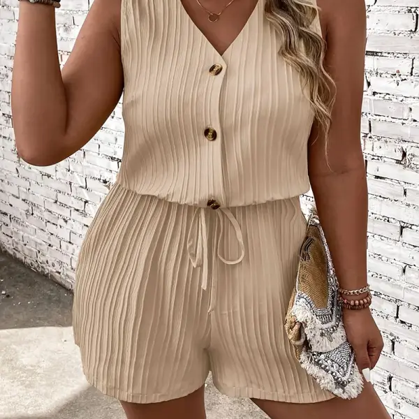 Solid Color Short Sleeve V-Neck Jumpsuit with a Half Placket