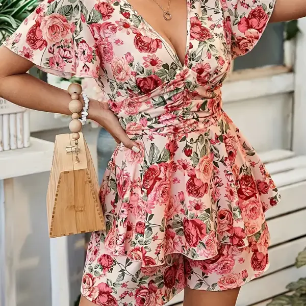 Elegant Fashion Casual Short Sleeve Jumpsuit with Floral Print and Ruffle Hem