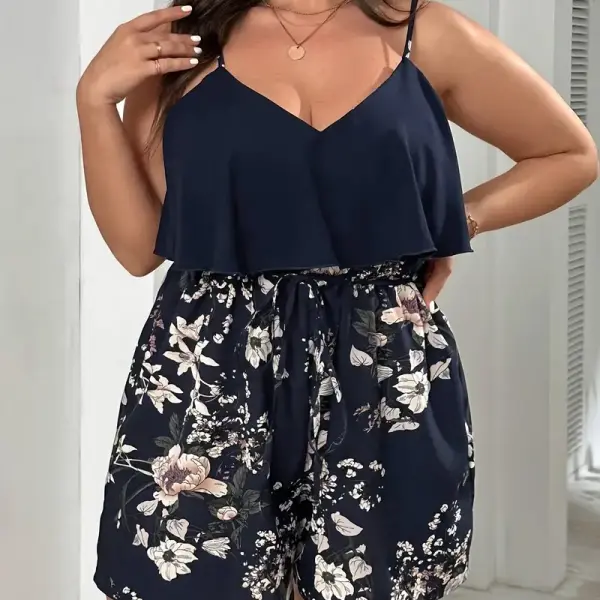 Bohemian Floral Print Jumpsuit - Navy Blue & Floral accents