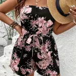 Bohemian Floral Print Strapless Jumpsuit - Black & Pink Summer Romper with Adjustable Waist Tie