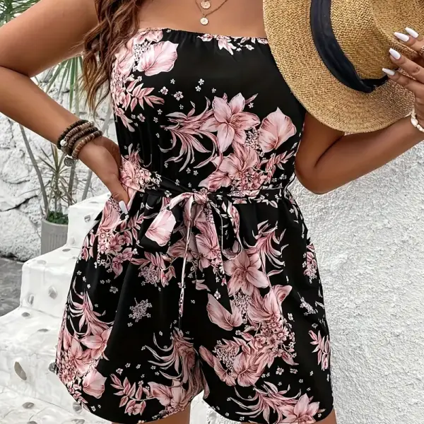 Bohemian Floral Print Strapless Jumpsuit - Black & Pink Summer Romper with Adjustable Waist Tie