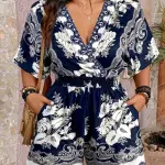 V-Neck Floral Print Shorts Romper with Pockets