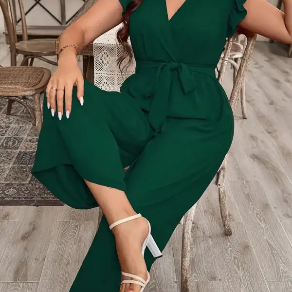 Elegant V-Neck Ruffled Sleeve Belted Jumpsuit
