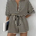 Striped Wide-Leg Jumpsuit - Short Sleeve Shirt Collar Button-Up Top with Adjustable Waist Tie