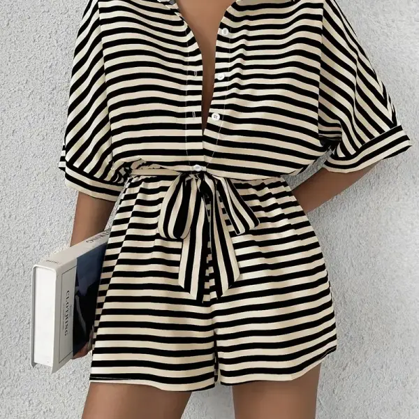 Striped Wide-Leg Jumpsuit - Short Sleeve Shirt Collar Button-Up Top with Adjustable Waist Tie