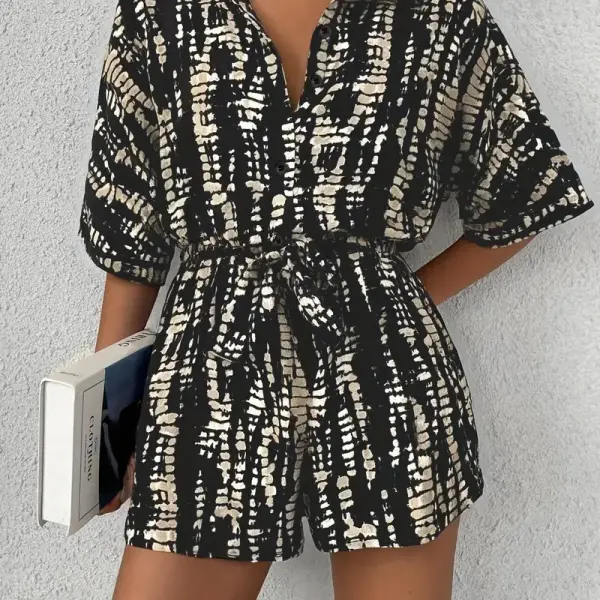 Shirt Collar Button-Front Jumpsuit with Adjustable Waist Tie Belt