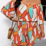 Geometric Print Off-Shoulder Jumpsuit - Adjustable Tie-Waist H-Line Silhouette