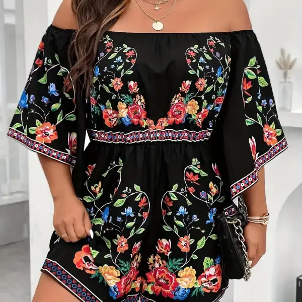Floral Print Romper, Vacation Casual Off Shoulder Romper