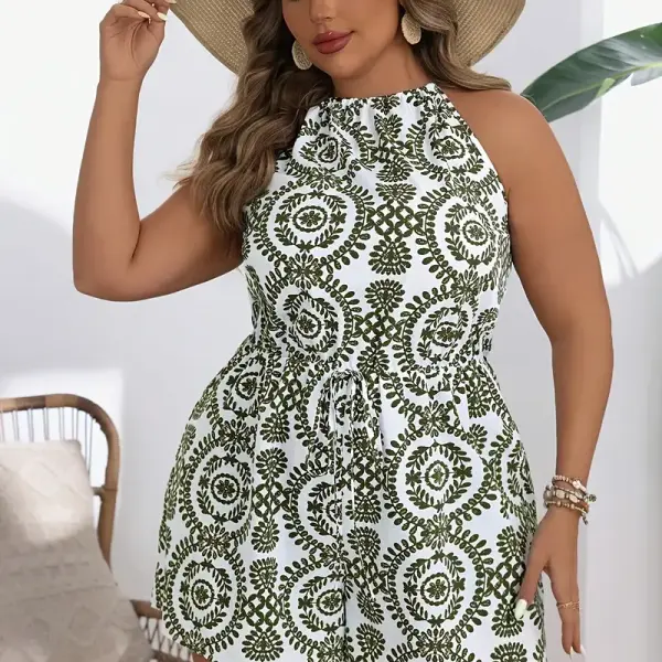White & Green Floral Print Sleeveless Jumpsuit