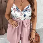 Tropical Floral Print Sleeveless Cami Romper with Ruffled Hem