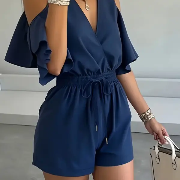 Elegant Off-Shoulder V-Neck Jumpsuit with Ruffle Detail and Waist Tie