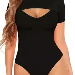 Black Stretchy Bodycon Jumpsuit - Short Sleeve Round Neck with Front Chest Cutout, High Elasticity