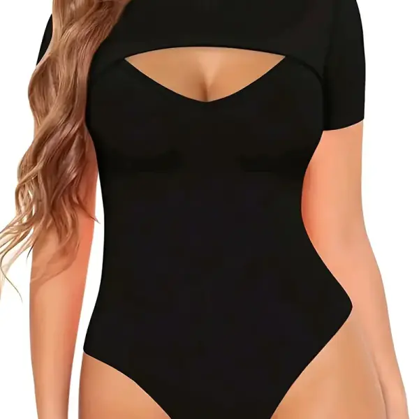 Black Stretchy Bodycon Jumpsuit - Short Sleeve Round Neck with Front Chest Cutout, High Elasticity